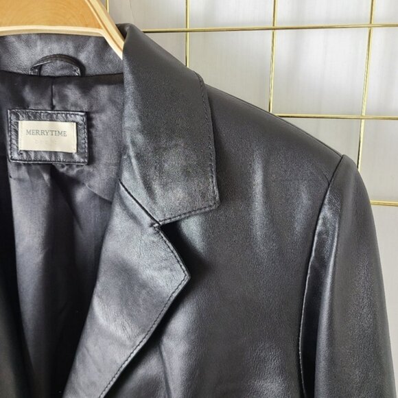 Black Genuine Lamb Leather One-Button Classic Blazer - Picture 6 of 12